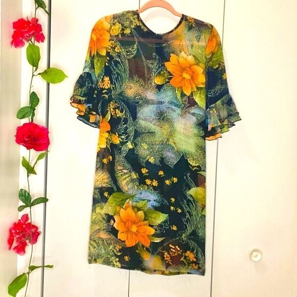 SHEER Floral Ruffle Flounce Sleeve  Dress - Picture 5 of 6